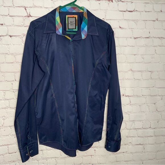 Mens MIZUMI Casual Shirt Navy Blue with Plaid Trim Classic Fit‎ Button Front XL - Picture 3 of 8